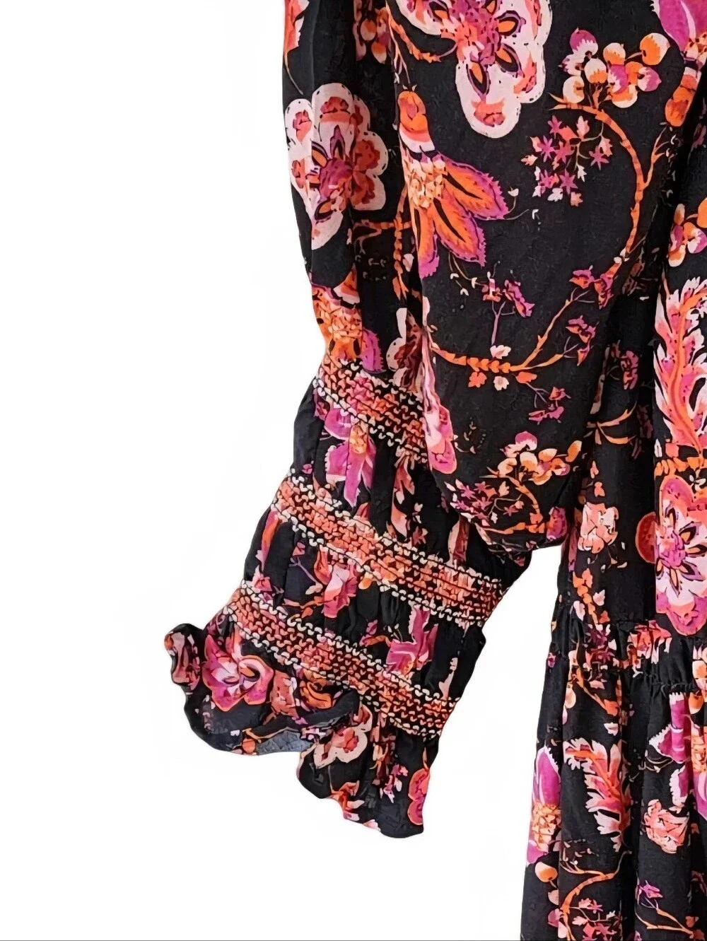 Free People Sweet Escape Smocked Flowy Prairie Maxie Dress Black Pink Floral XS